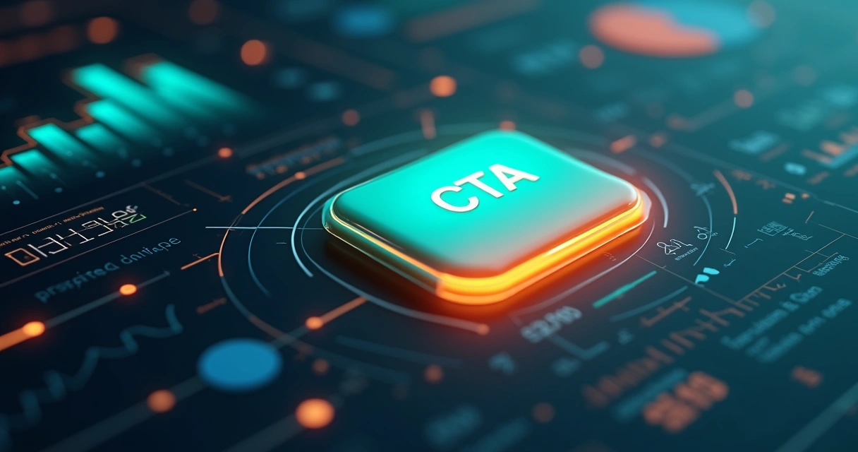 Botão de call to action destacado em tela digital com gráficos de conversão ao redor 