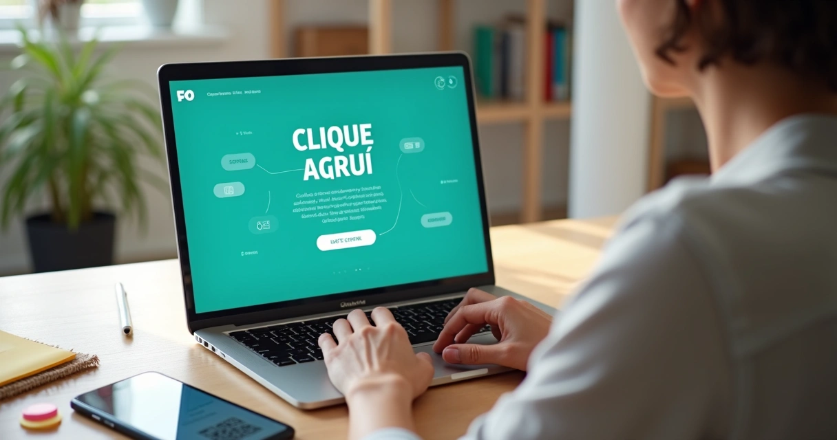 Pessoa usando laptop com grande botão de CTA em página de links colorida 