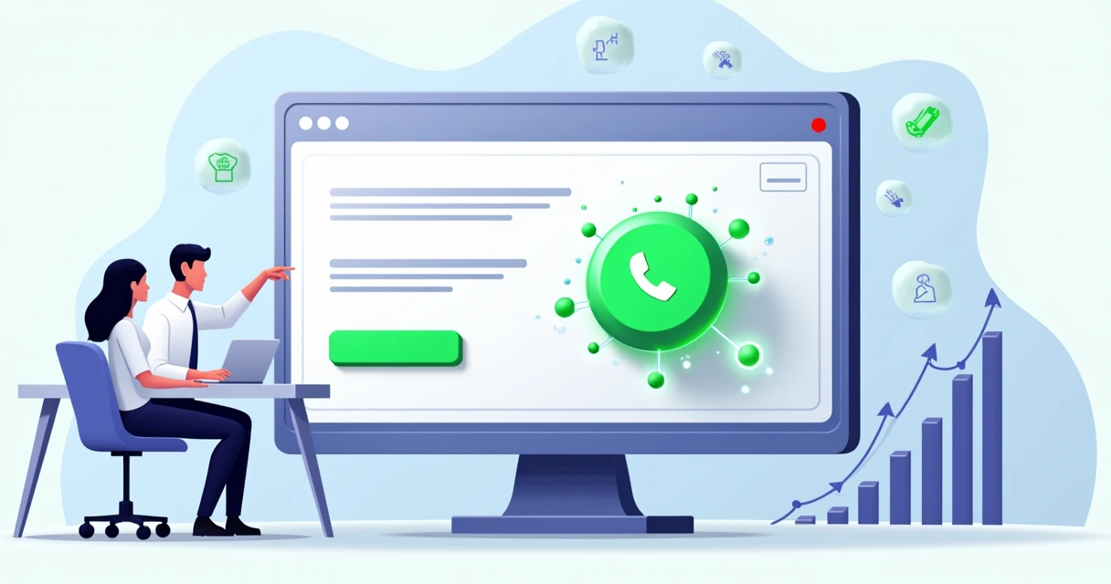 Ilustração de landing page com botão flutuante de WhatsApp em destaque 
