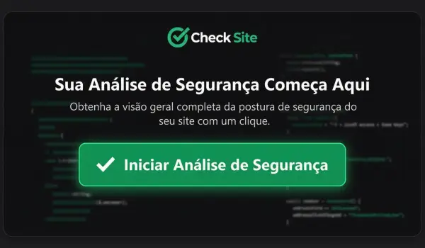 Botão verde para iniciar análise de segurança em site com fundo de código em preto