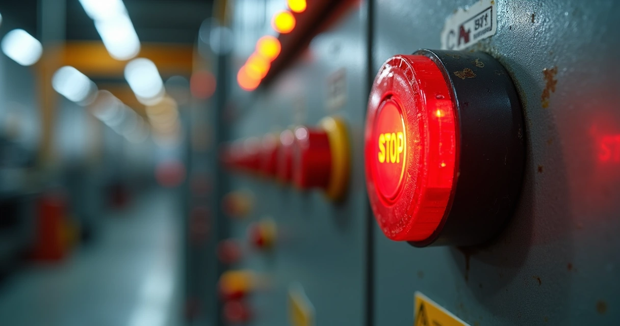 Botão de parada de emergência em painel industrial com luzes ao fundo 