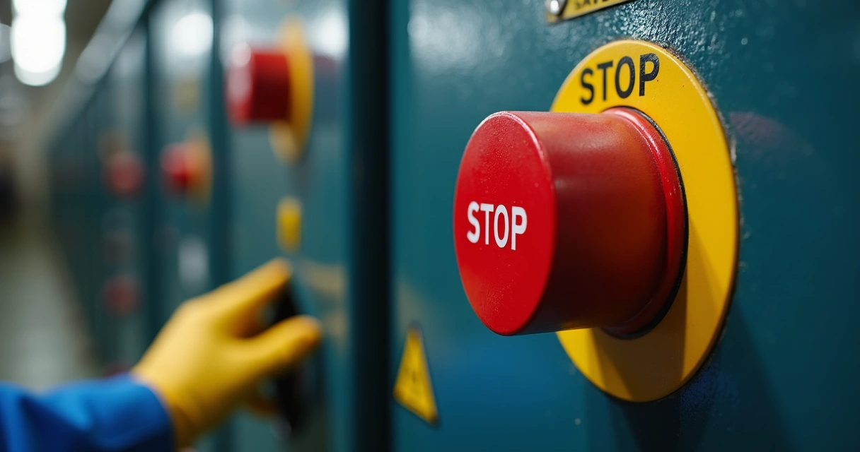 Botão de parada de emergência em painel de máquina 