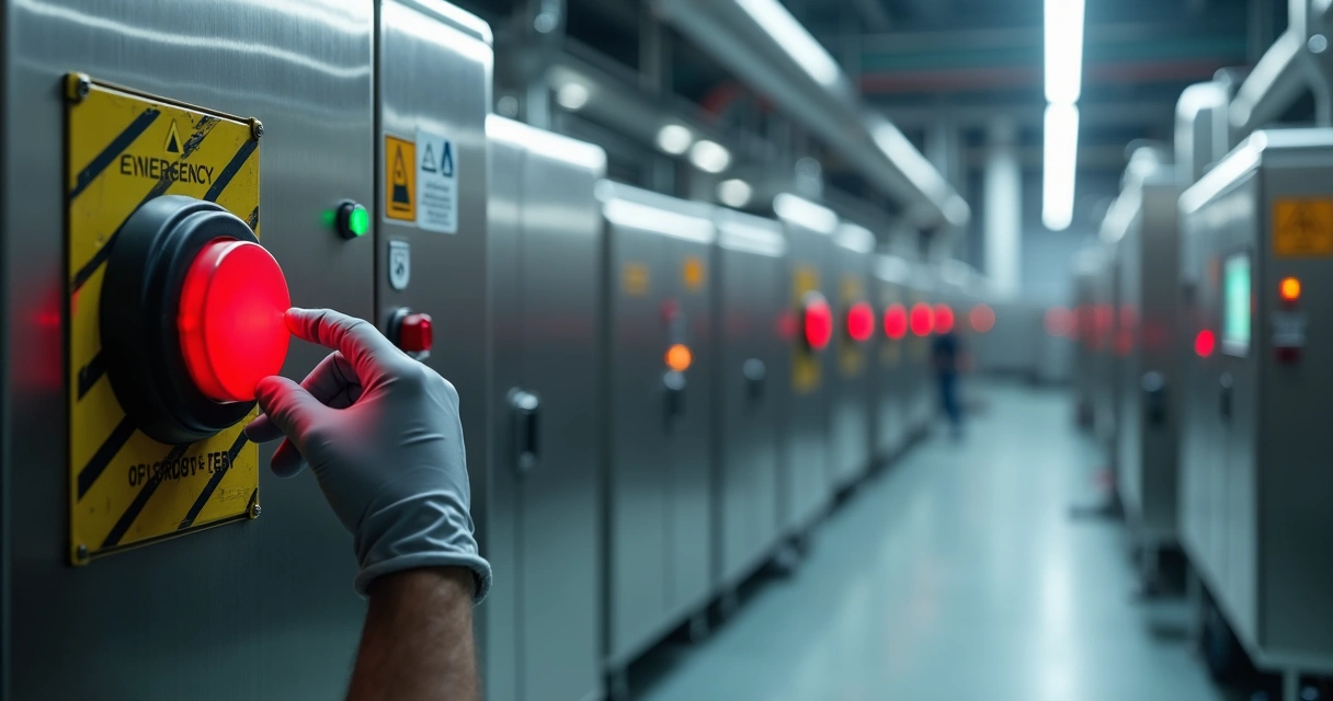 Técnico testa botão de parada de emergência em máquina industrial moderna 
