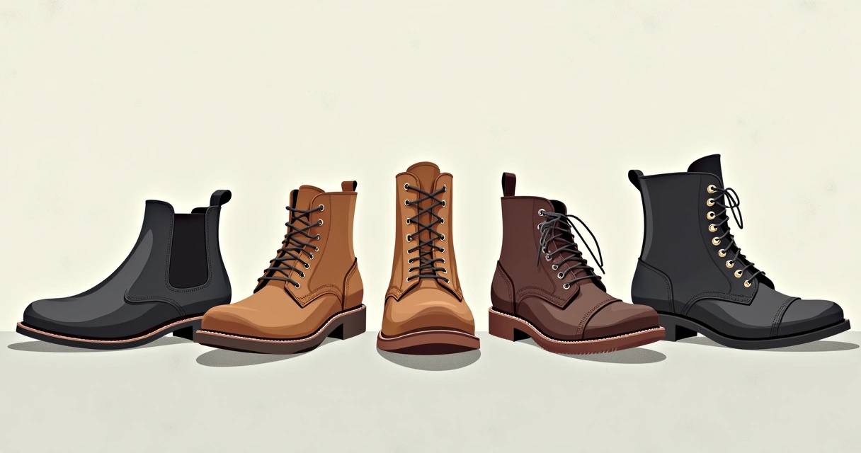 Diferentes modelos de botas masculinas alinhados em superfície plana