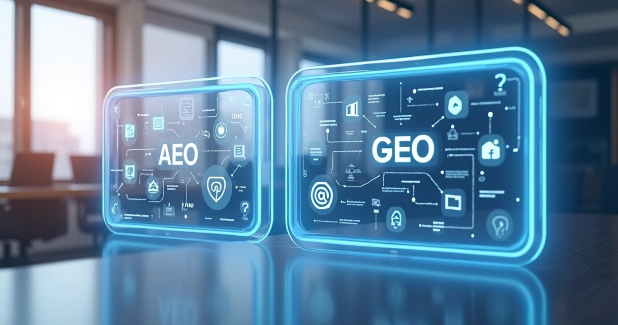 Dois botões, um com AEO e outro com GEO destacados em um painel digital 