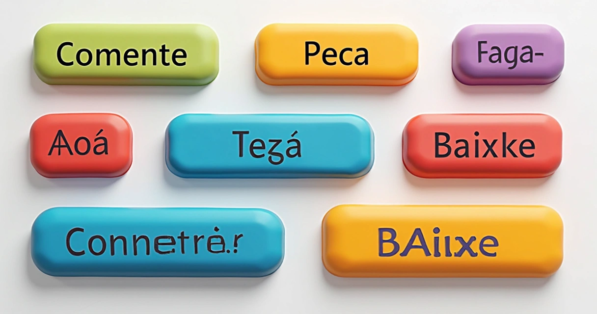 Desenho de botões coloridos com verbos de ação em destaque 