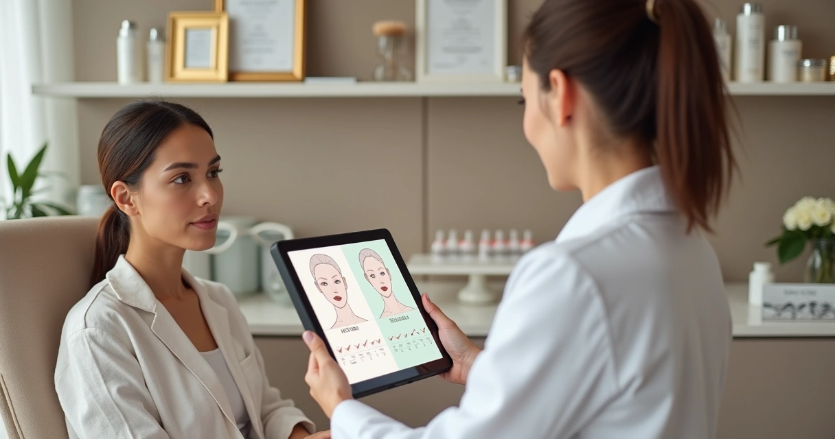 Dermatologista mostrando em tablet erros e acertos do botox para paciente 