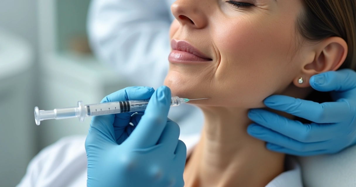 Profissional aplicando botox na região do pescoço de uma mulher adulta 