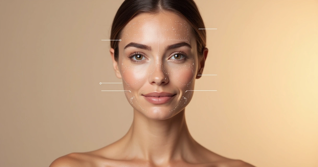 Rosto feminino com áreas de aplicação de botox destacadas em ilustração minimalista 