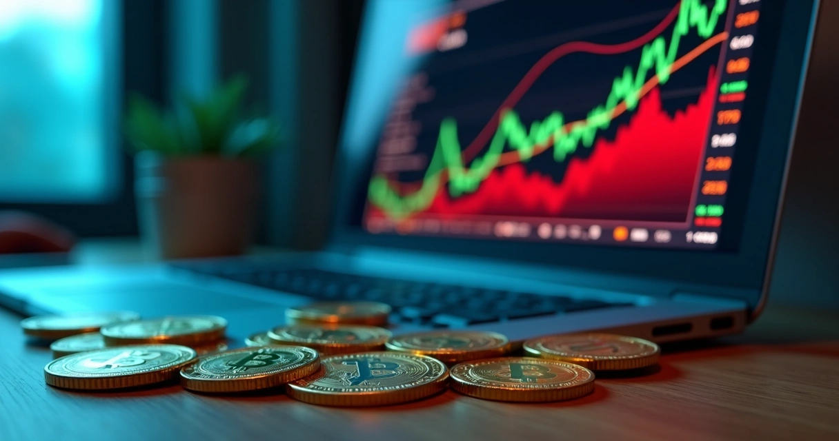 Painel digital com gráficos de preços em vermelho e verde, linhas crescendo em tela de computador, e criptomoedas sobre a mesa. 