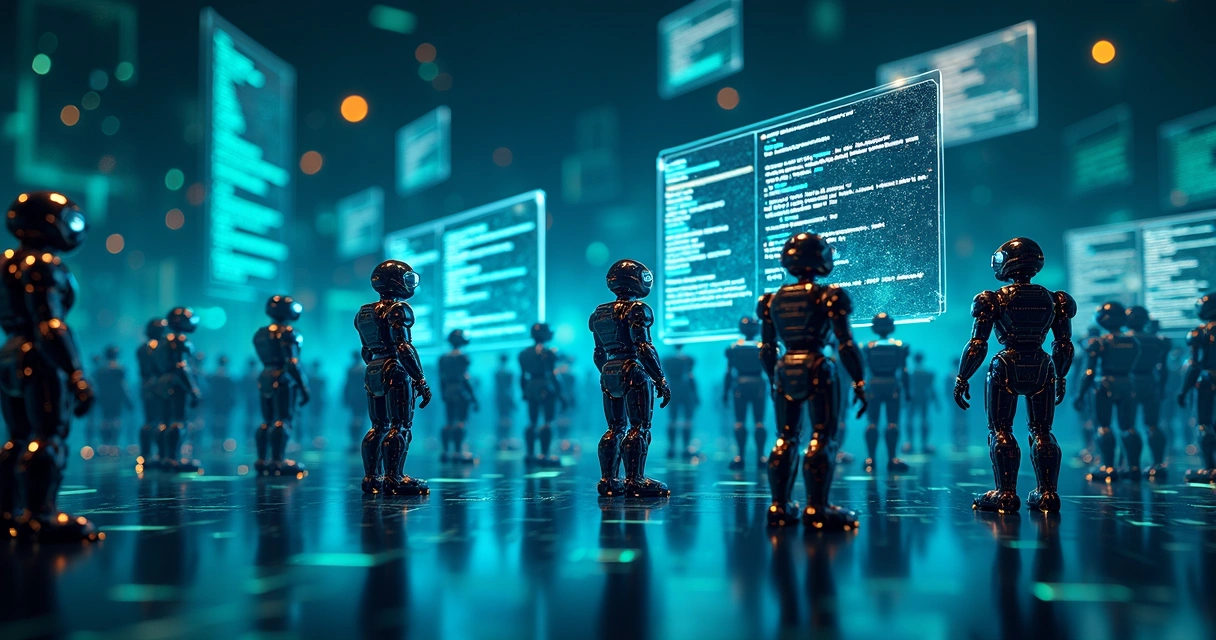 Robôs digitais analisando códigos de site em painéis flutuantes 