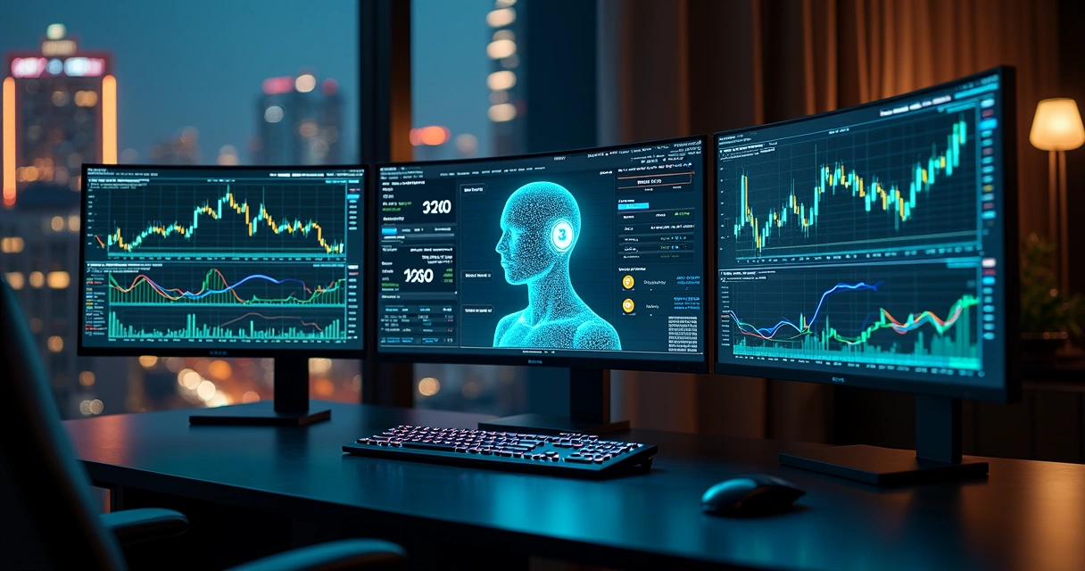 Painel de trader com vários gráficos de criptomoedas e conexões entre exchanges 