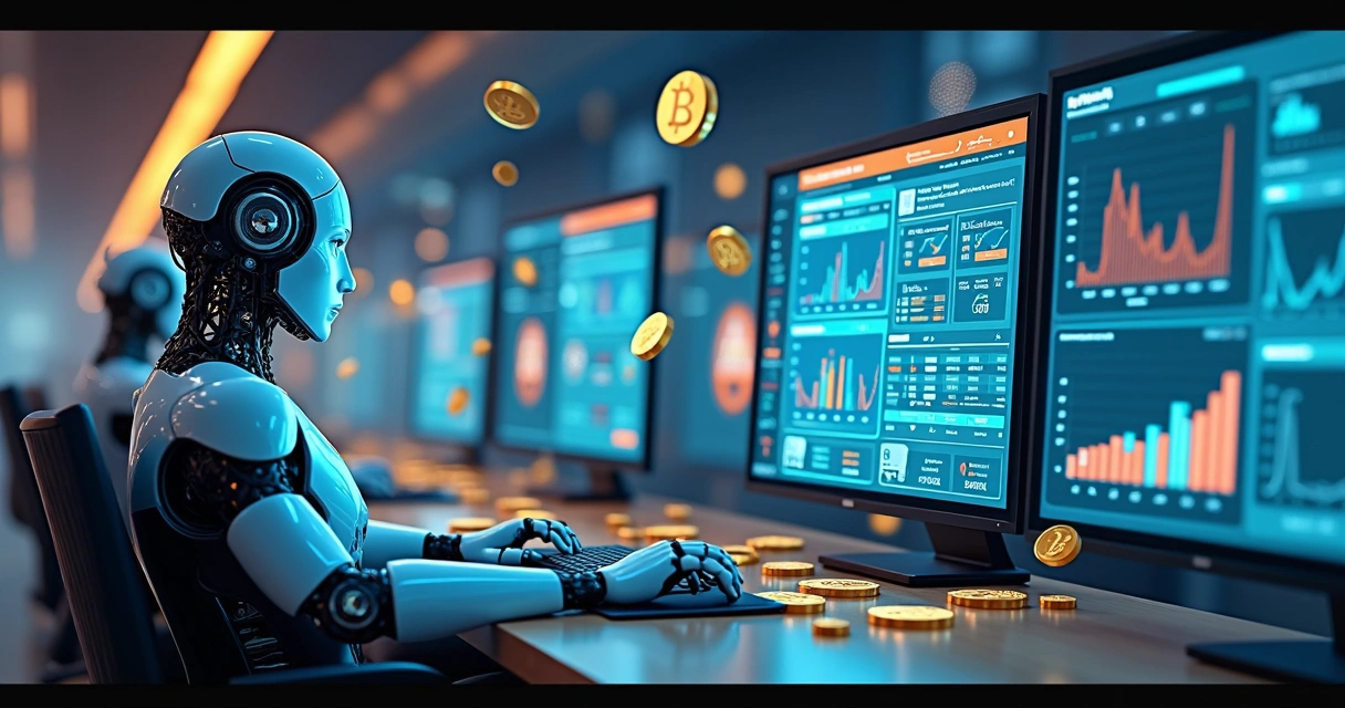 Ilustrações de robôs digitais analisando gráficos de staking e moedas de criptomoeda