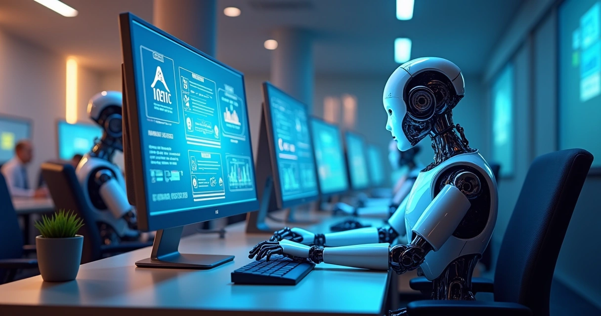 Bots digitais executando tarefas em computadores corporativos 