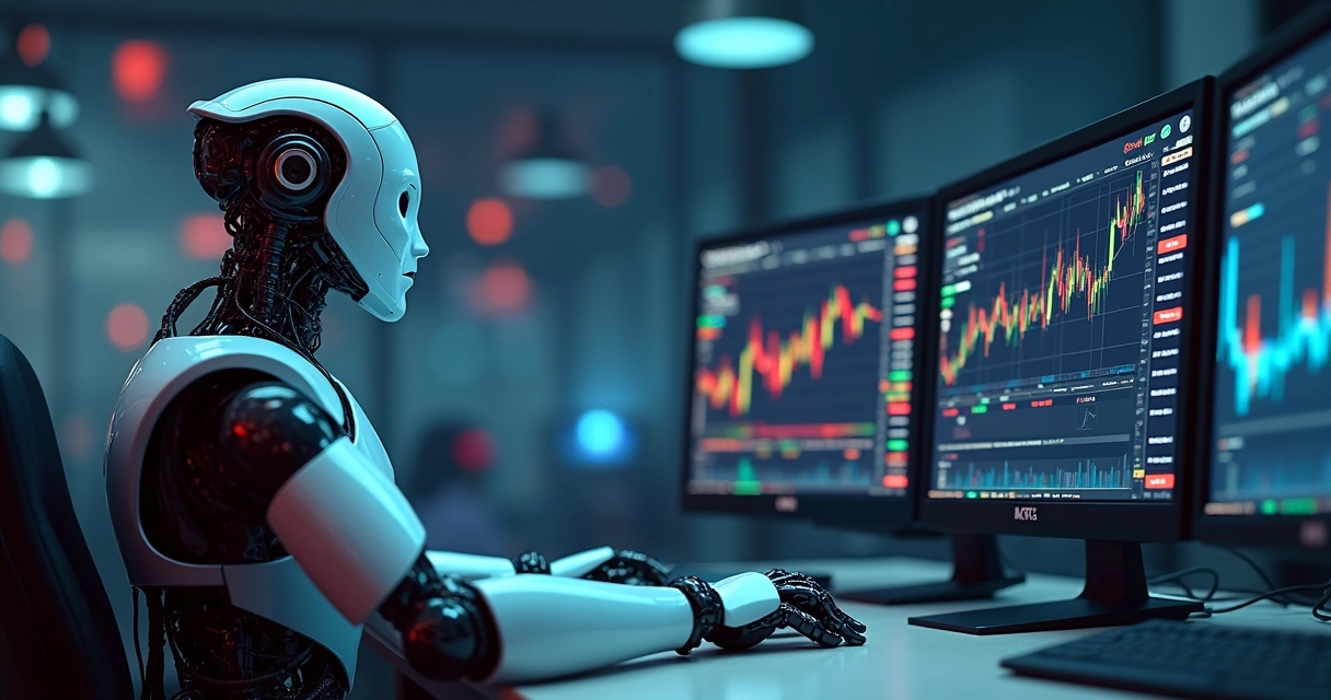 Painel digital com gráfico de criptomoedas e ícones de robôs de trading