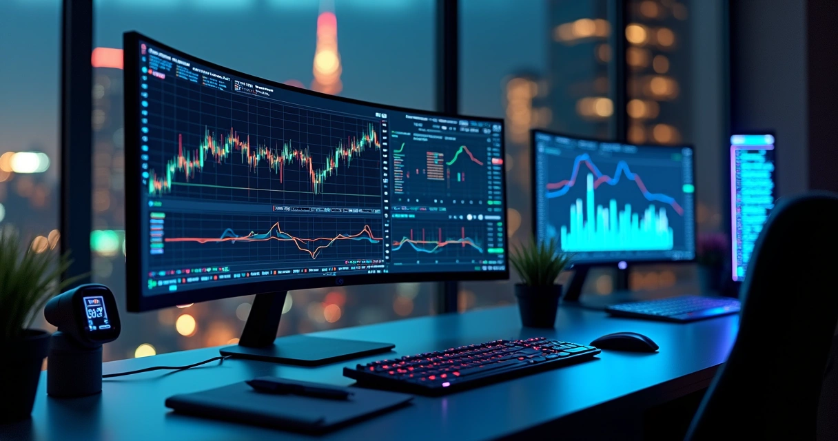 Painel com robôs de trading gerenciando vários pares de criptomoedas em telas digitais 