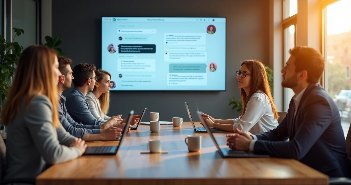 Equipe de vendas B2B em reunião com telão mostrando chatbot 