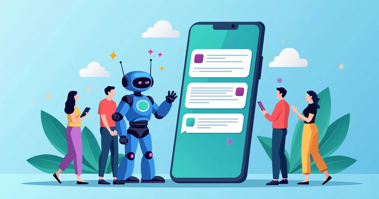 Chatbot interagindo com pessoas em tela de celular 