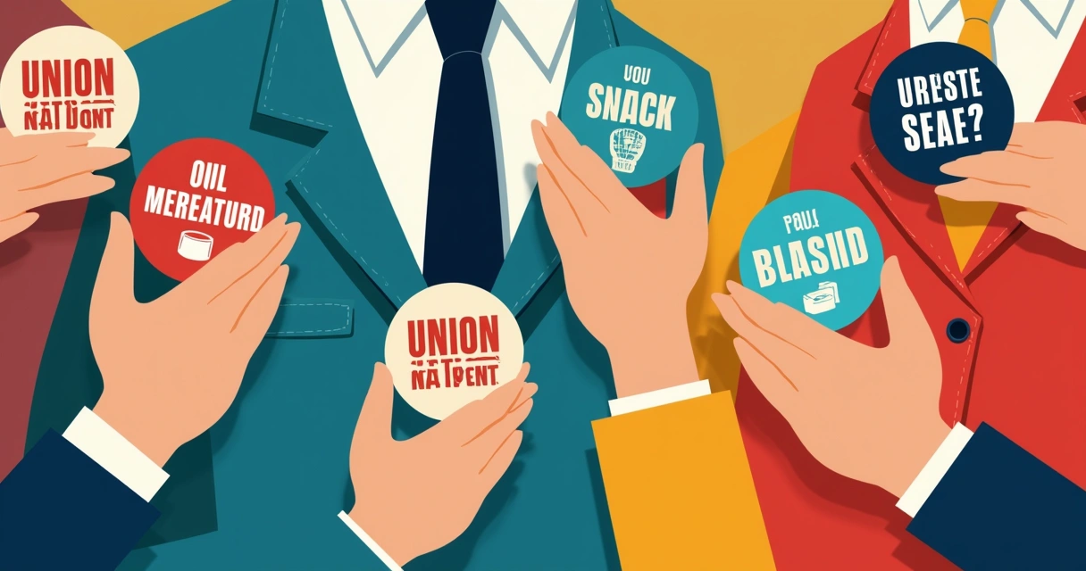 Bottons de sindicato com frases motivacionais distribuídos em mãos de trabalhadores