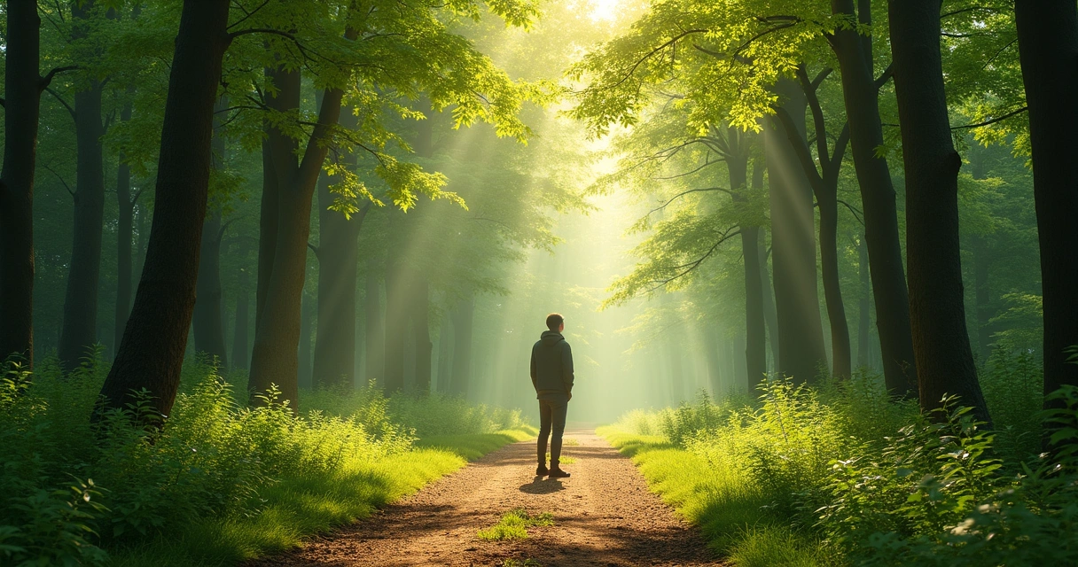 Person standing on a path in a forest, sunlight breaking through trees, path clearly marked, person looking relaxed 