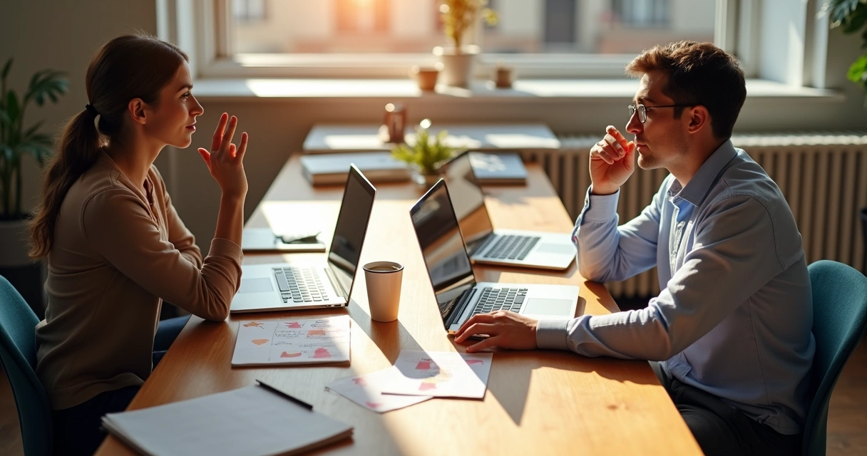 Two colleagues adjusting work boundaries in a meeting with notes and open laptops 