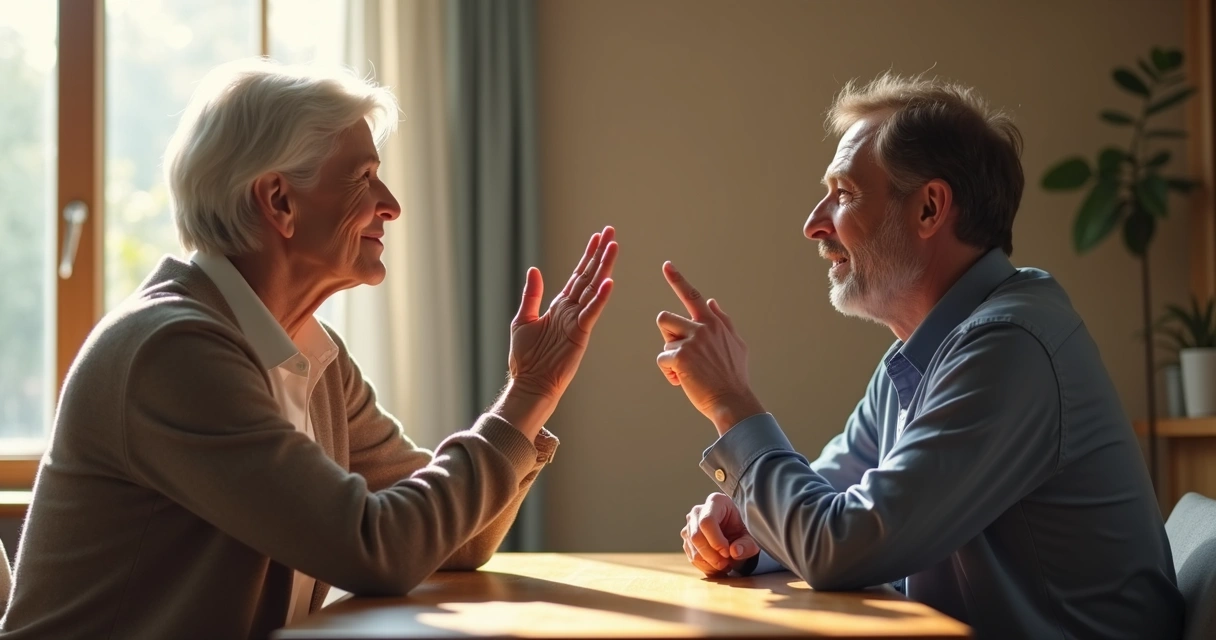 Two people having a conversation with visible body language and calm expressions, one gently raising a hand to signal boundaries