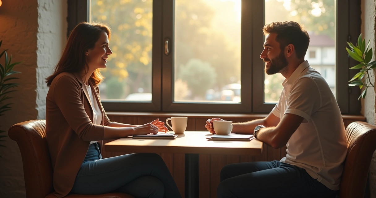 Two people having a respectful boundary conversation at a cafe table 