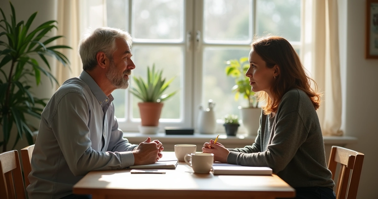 Adult couple having a calm boundary-setting conversation at a kitchen table 