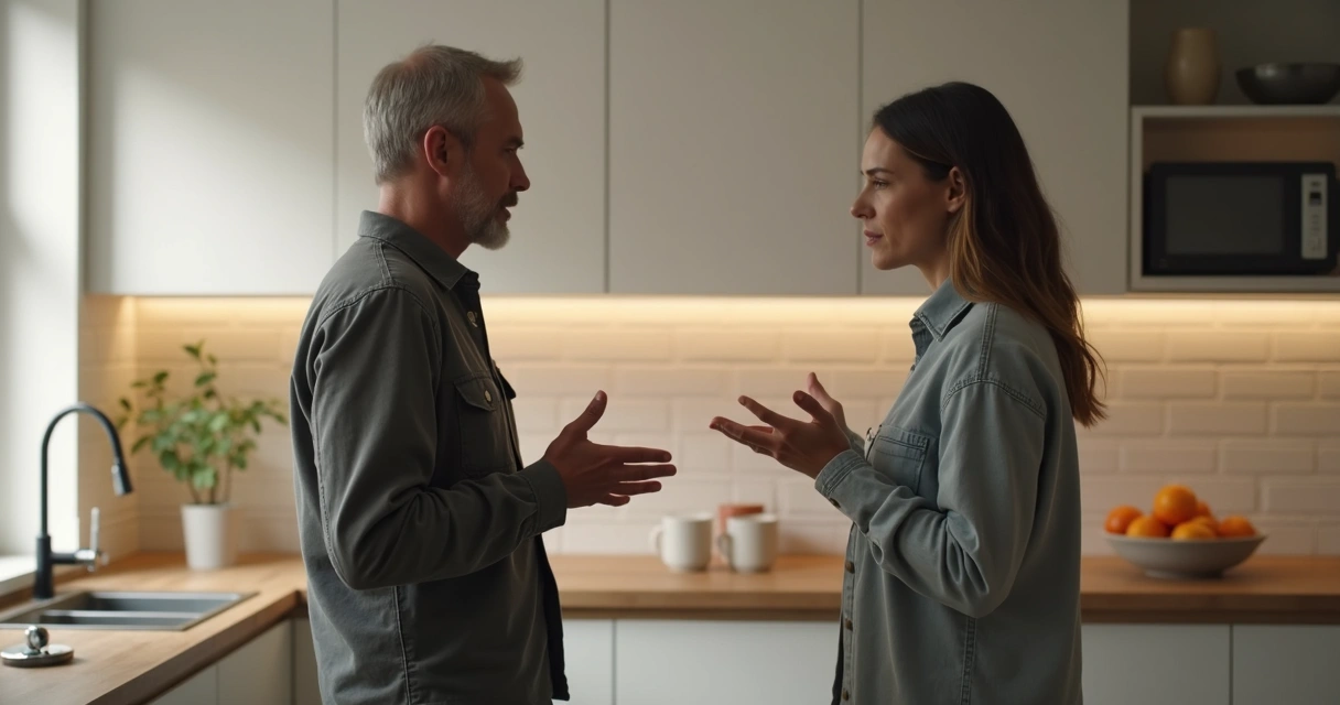 Two adults having a calm boundary-setting talk in a kitchen