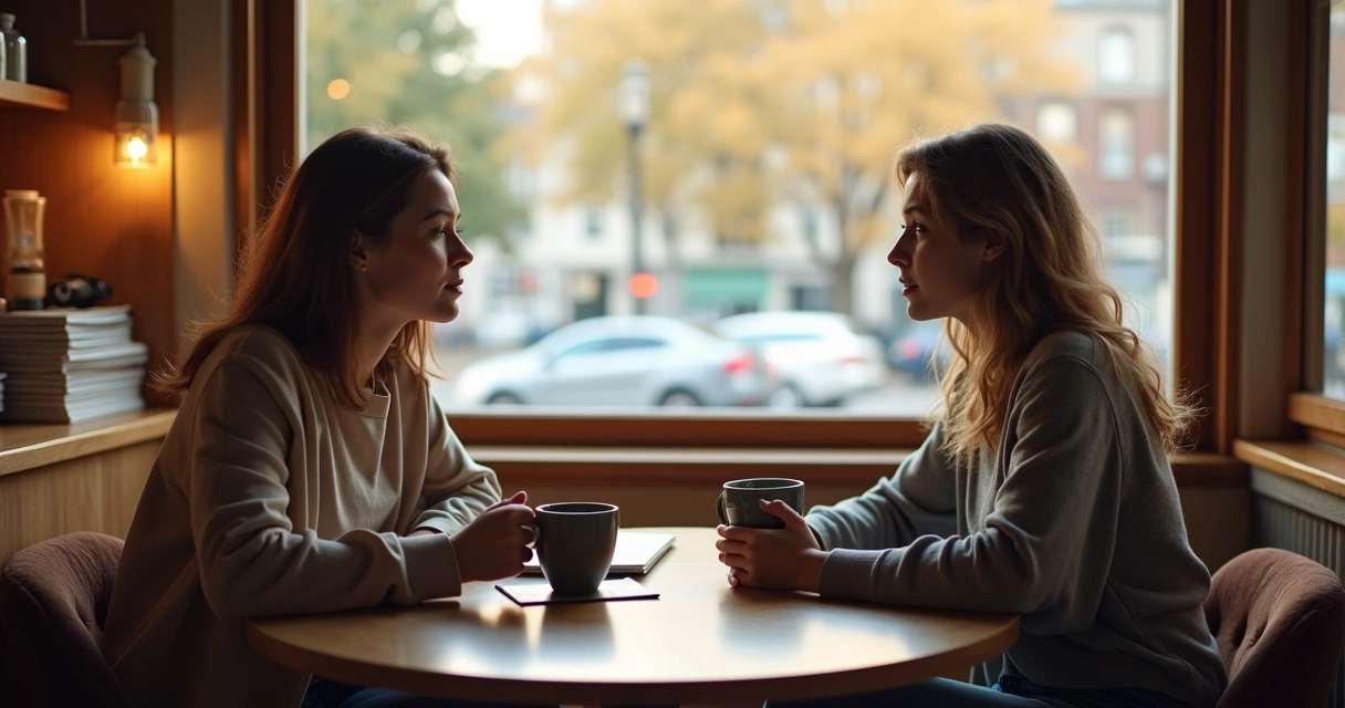 Two people calmly discussing boundaries at a cafe table 