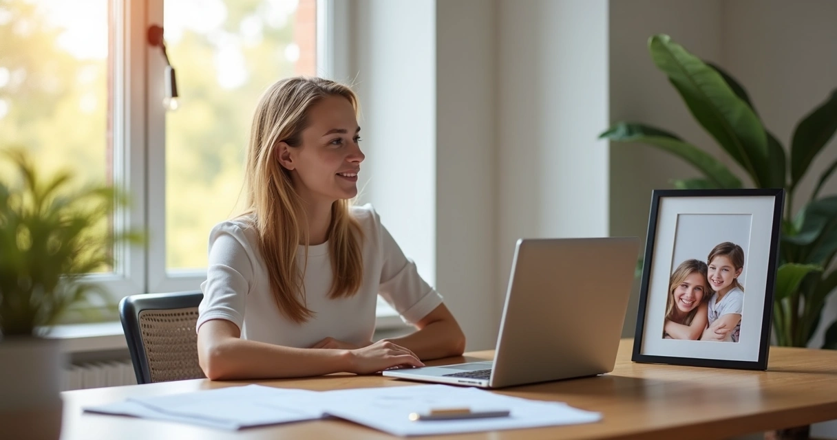 Person sitting calmly in a peaceful, sunlit room, balancing a laptop and a framed family photo on a table. 