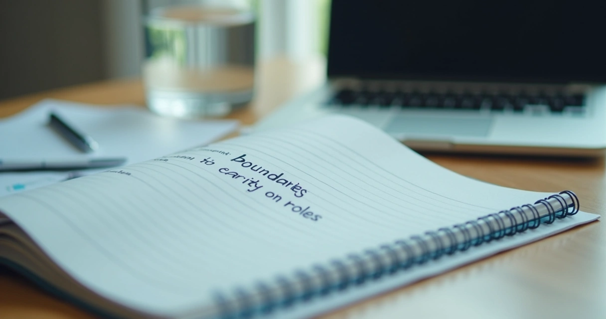 Notebook with boundary notes beside a laptop in a work setting 