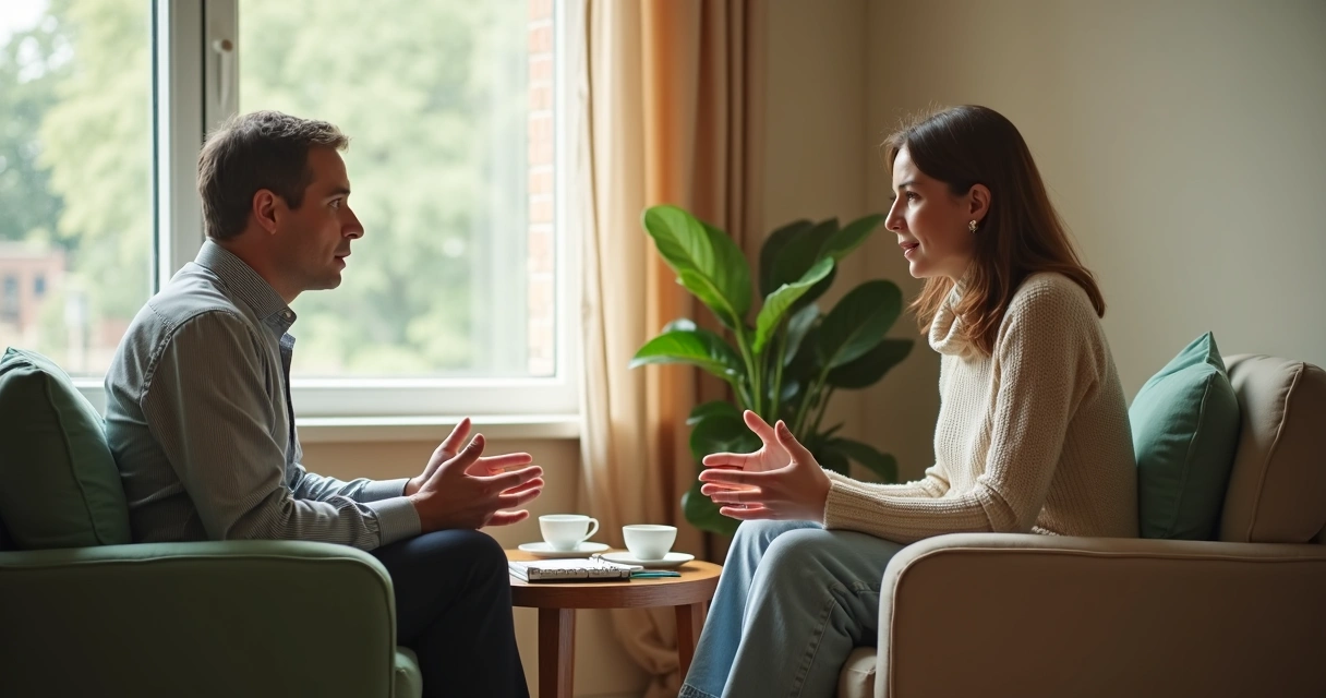 Two people having a calm boundary-setting conversation