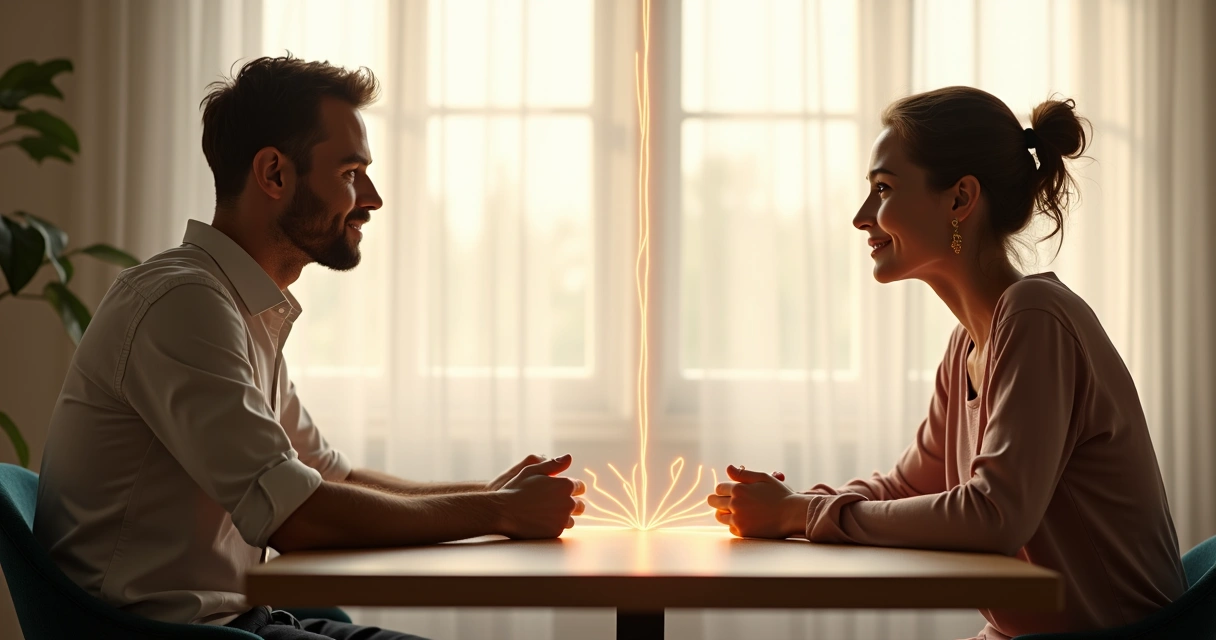Two people in conversation with visual markers illustrating boundaries