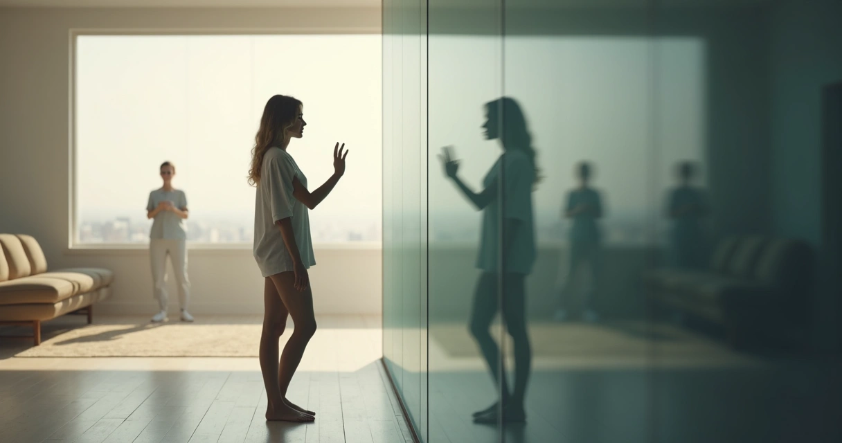 Woman facing a transparent wall with clear boundaries on one side and chaotic shadows on the other 