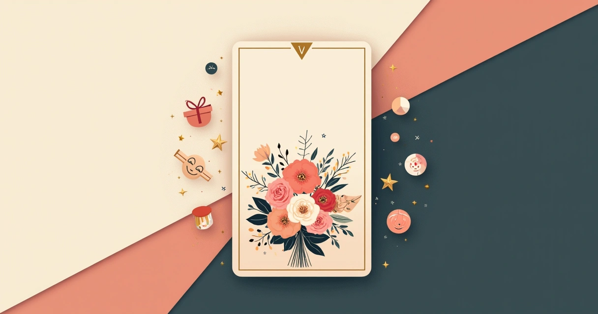 Lenormand bouquet card surrounded by cheerful icons in flat illustration 