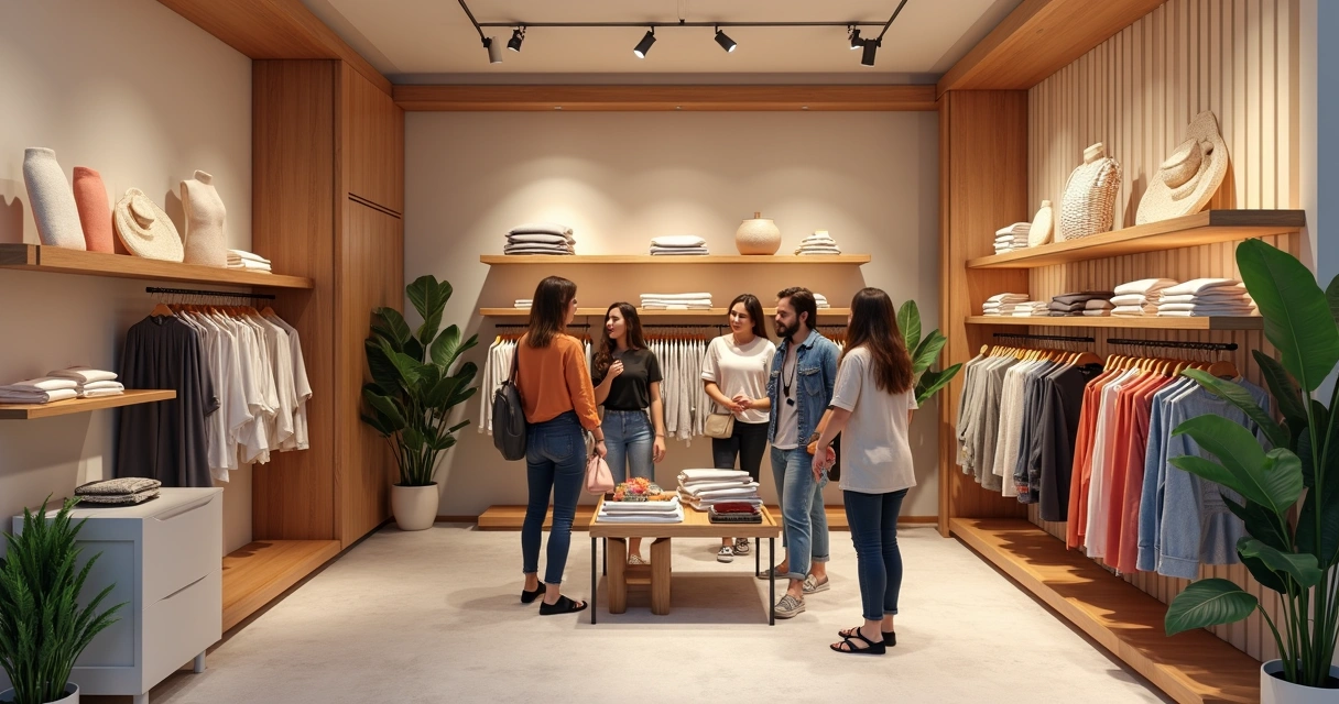 Clientes charlan y revisan productos en una boutique. 