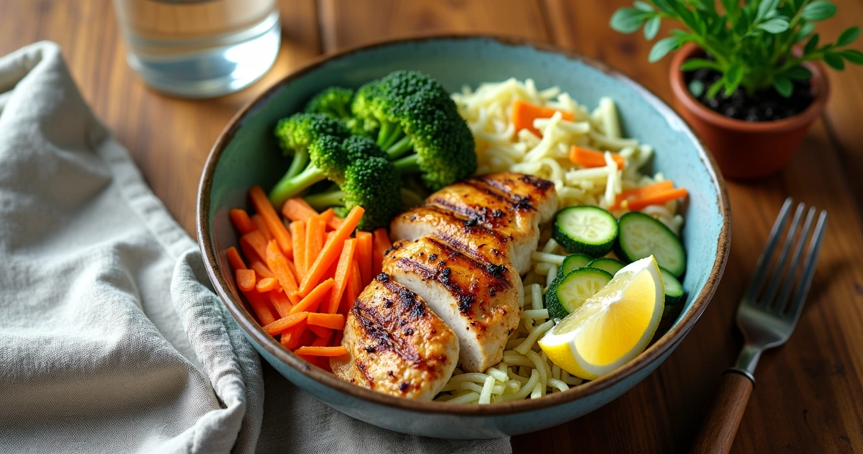 Bowl de frango grelhado com legumes variados coloridos