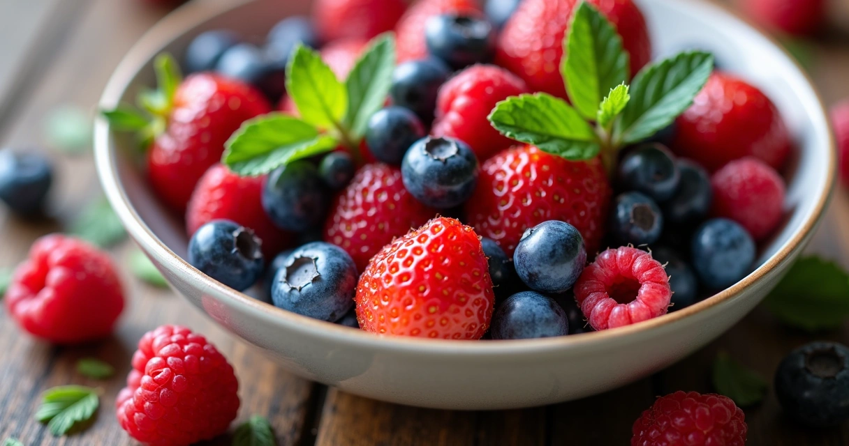 Bowl with mixed berries including strawberries, blueberries, raspberries 