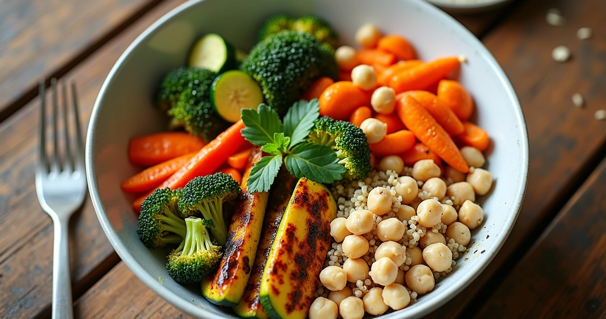 Bowl vegetariano com legumes assados e grãos 