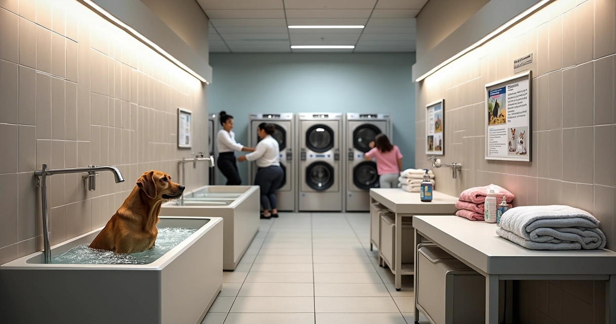 Box de banho e tosa em lavanderia de autoatendimento para animais 