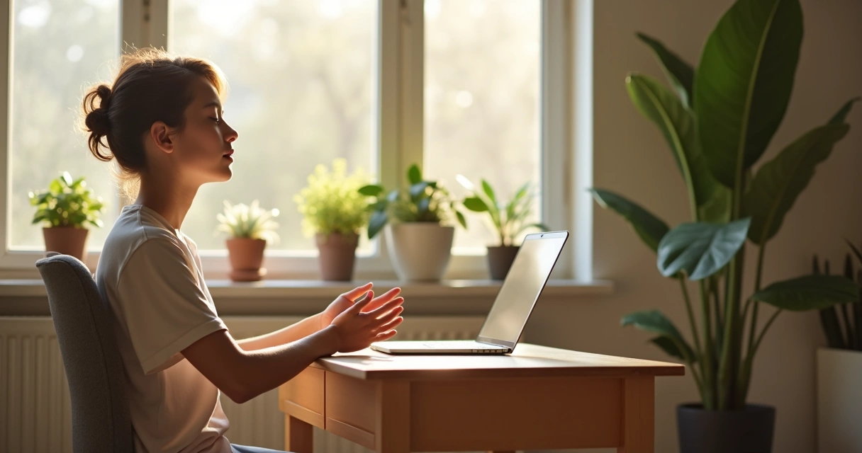 Person sitting at a desk practicing box breathing with eyes closed 