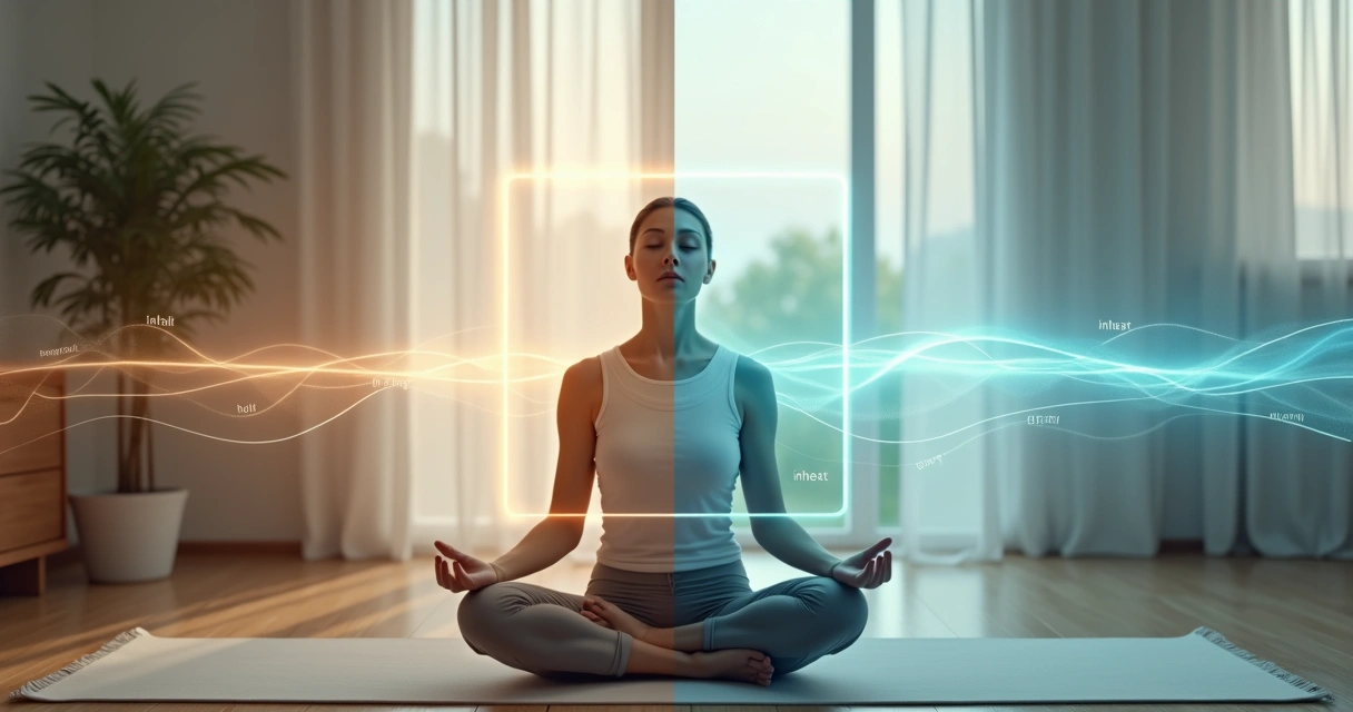 Split-screen showing person practicing box breathing and coherence breathing 