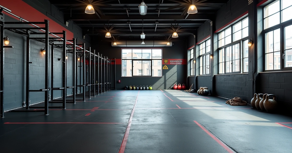 Box de CrossFit moderno com piso de borracha preto e áreas marcadas para treino 