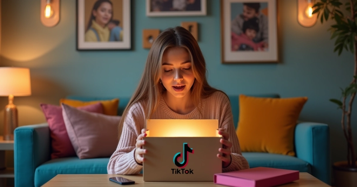 Pessoa segurando uma caixa surpresa nas cores do TikTok, com expressão surpresa ao abrir 