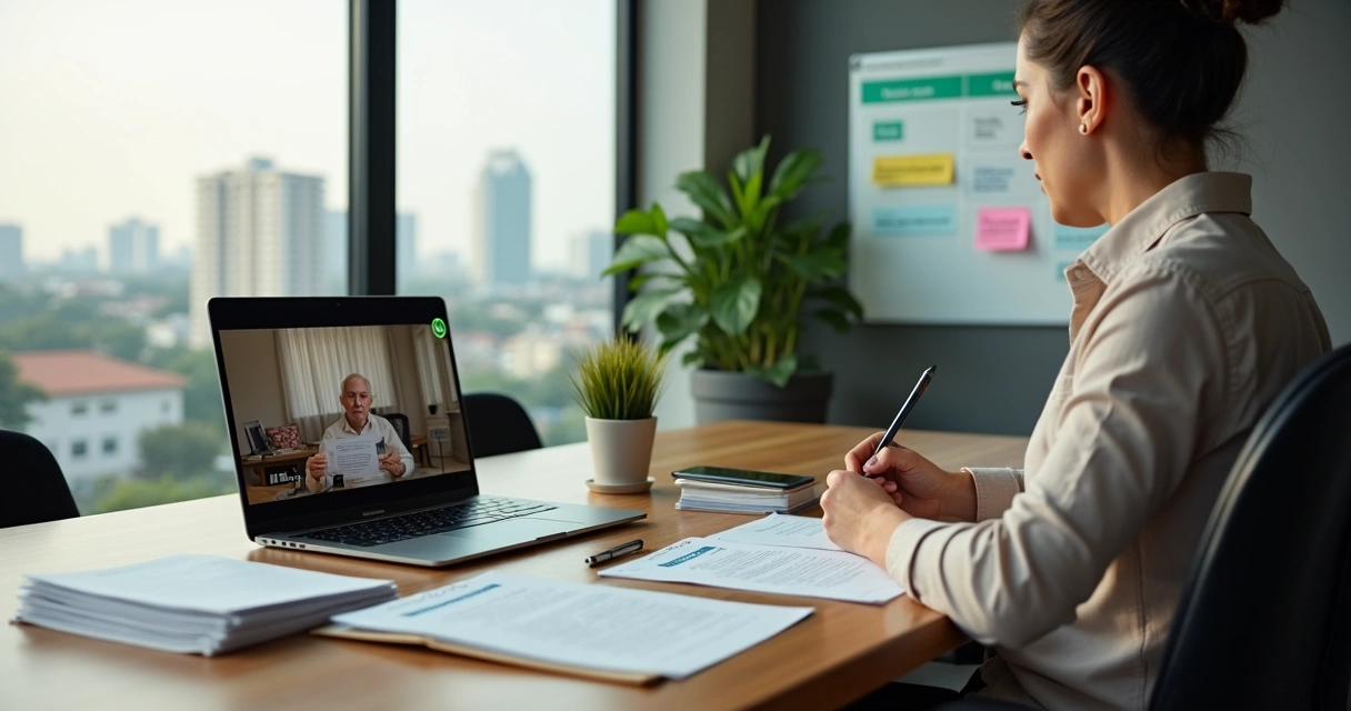 Advogada em chamada de vídeo com cliente idoso em ambiente de escritório moderno 