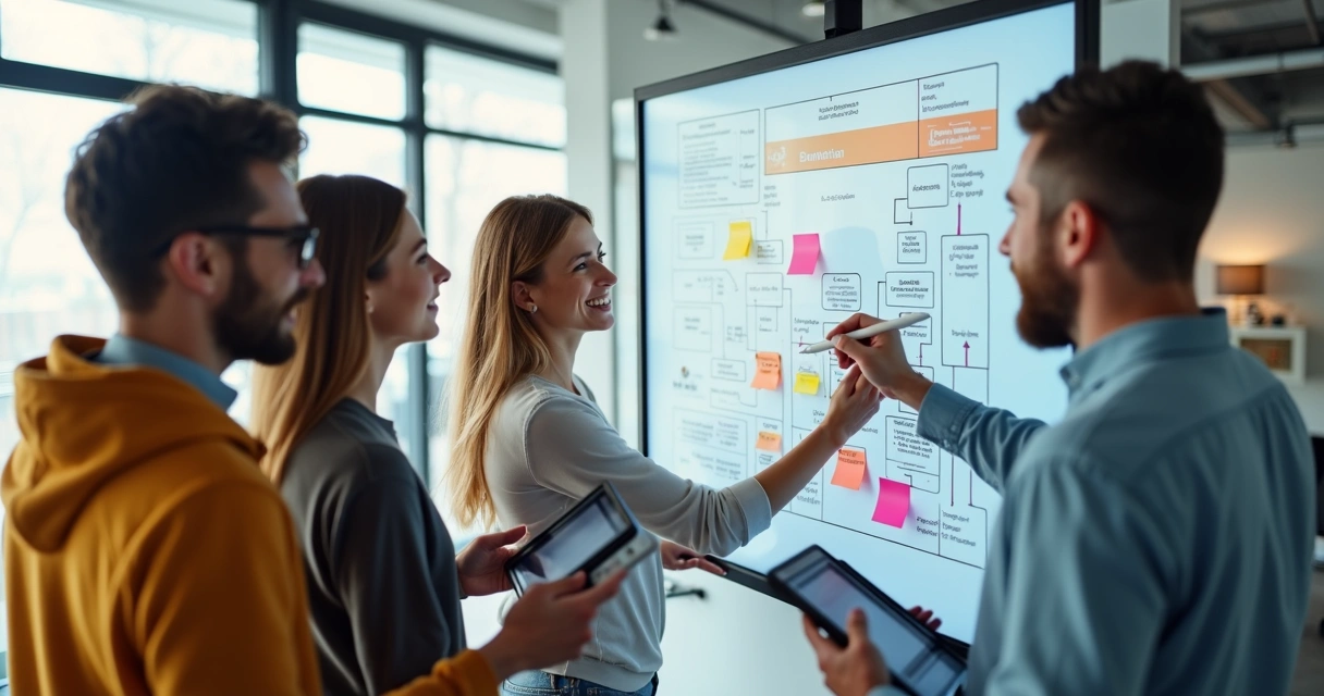 Equipe colaborando em diagrama BPMN em quadro branco digital