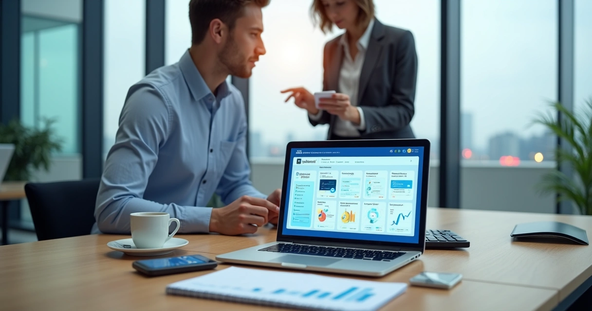 Profissional de BPO financeiro analisando bancos digitais em dashboard no notebook 