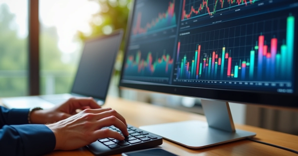 Monitor mostrando gráficos financeiros automatizados 