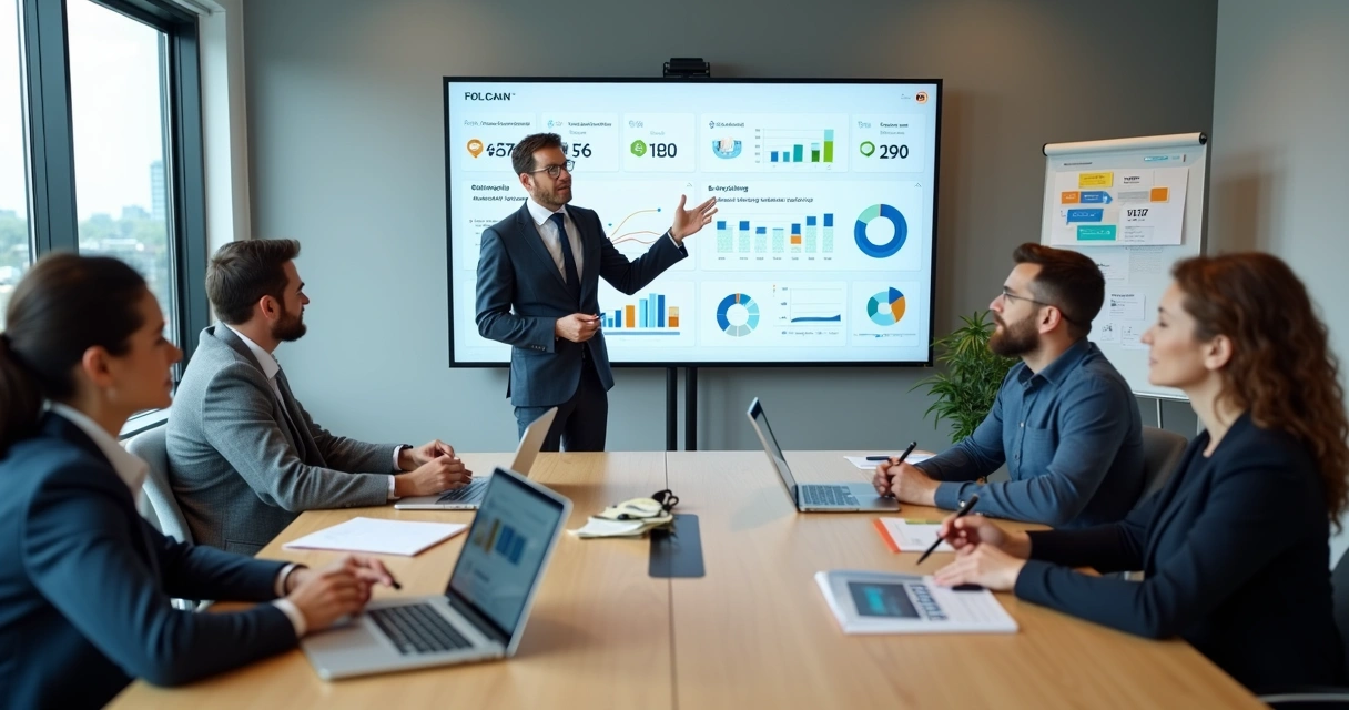 Profissional de BPO financeiro apresentando proposta para empresários em reunião 